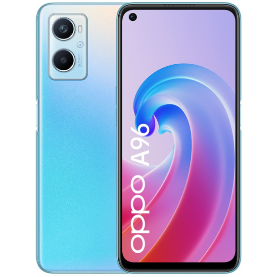 Smartphone movil OPPO A96 con gran pantalla luminosa con cristal resistente y sin huellas.