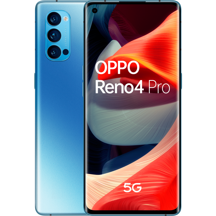 OPPO Reno 4 Pro 5G, galactic blue, trasera y frontal OPPO Reno 4 Pro 5G, galactic blue, trasera y frontal