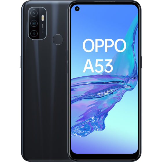 OPPO A 53 Electric Black, frontal trasera.