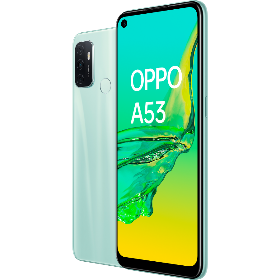 OPPO A53 Mint Cream, frontal y trasera, diagonal